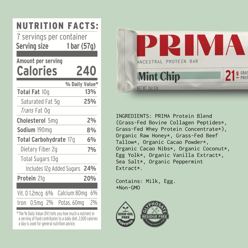 Ingredientes PRIMA Mint Chip en mesa resaltando miel cruda y origen grass fed