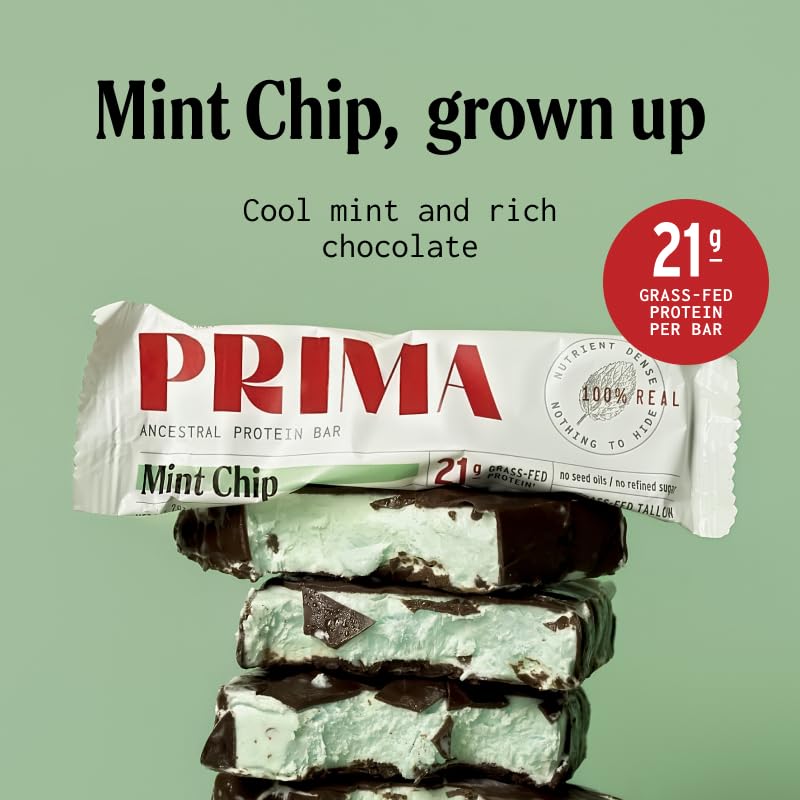 PRIMA Mint Chip corte mostrando densidad y mezcla de whey y colágeno útil