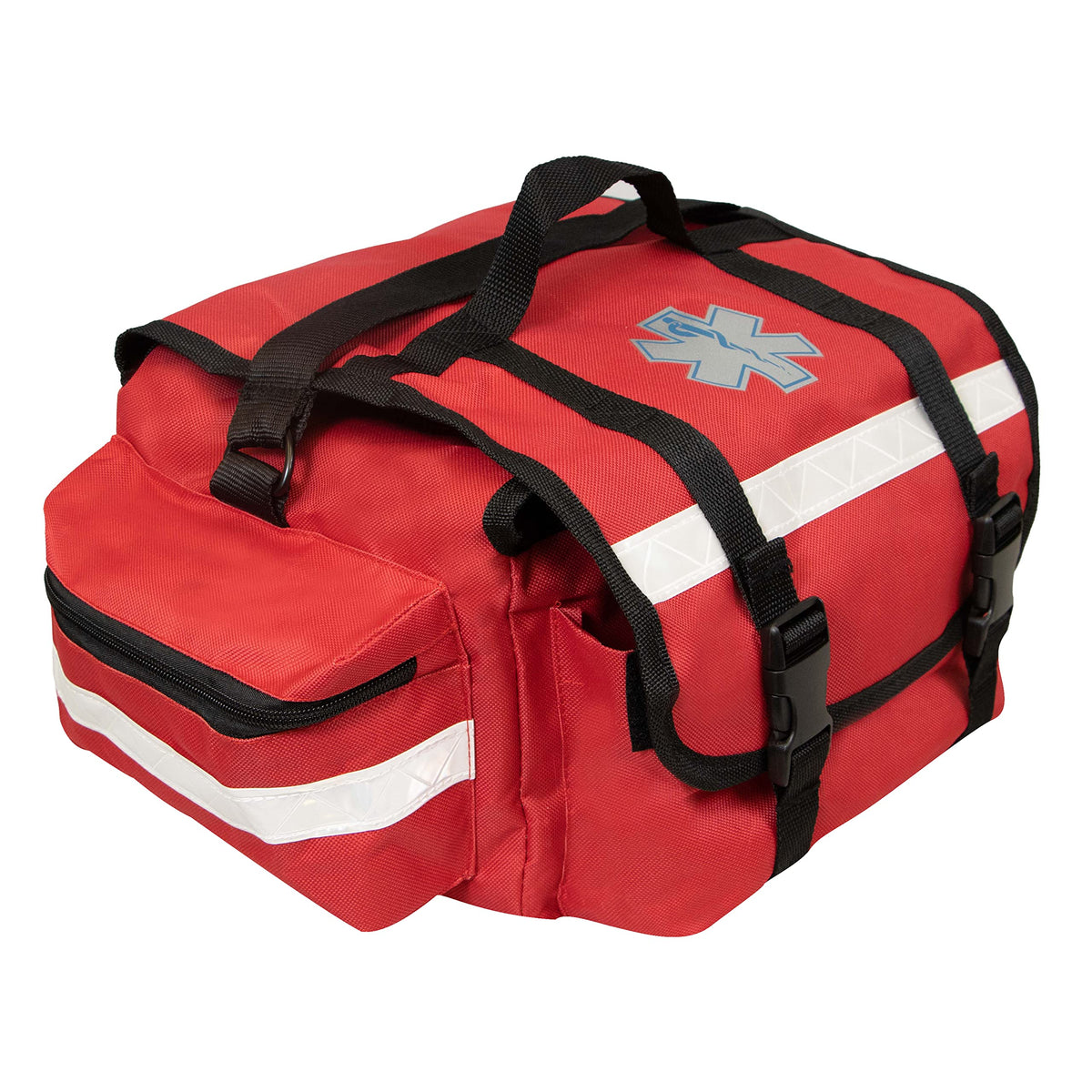 Primacare bolsa frontal roja mostrando compartimentos, facilita organización rápida