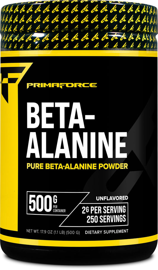 Primaforce Beta Alanina polvo 500 g, frente, apoyo a la resistencia durante el entrenamiento