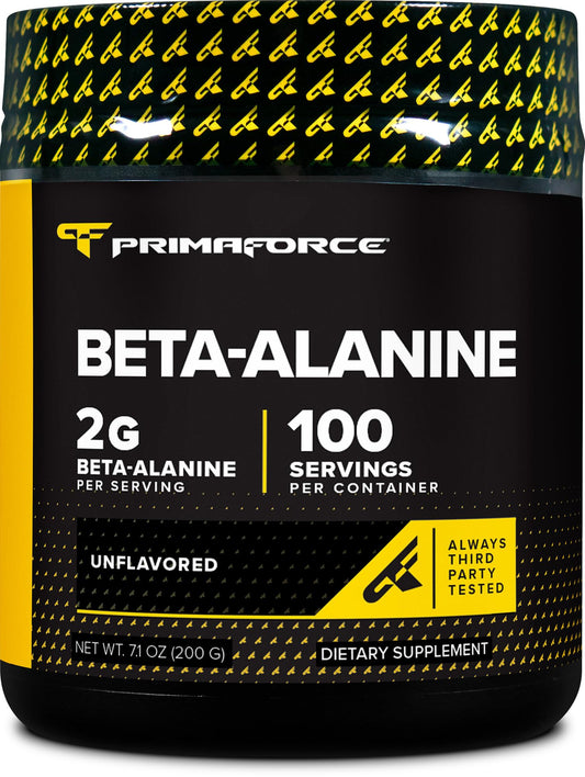Primaforce Beta-Alanina en polvo sin sabor en frasco de 200 g para mezclar.