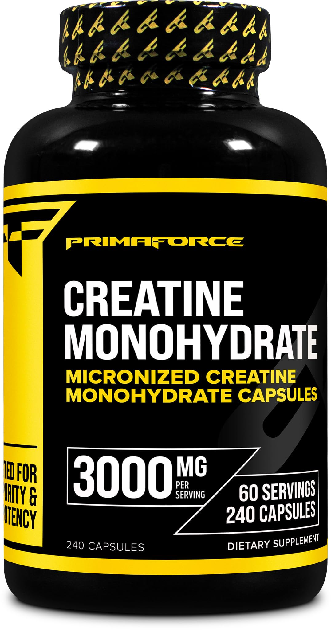 Primaforce Creatine Monohidrato cápsulas en botella, apoyo para entrenamientos sostenidos