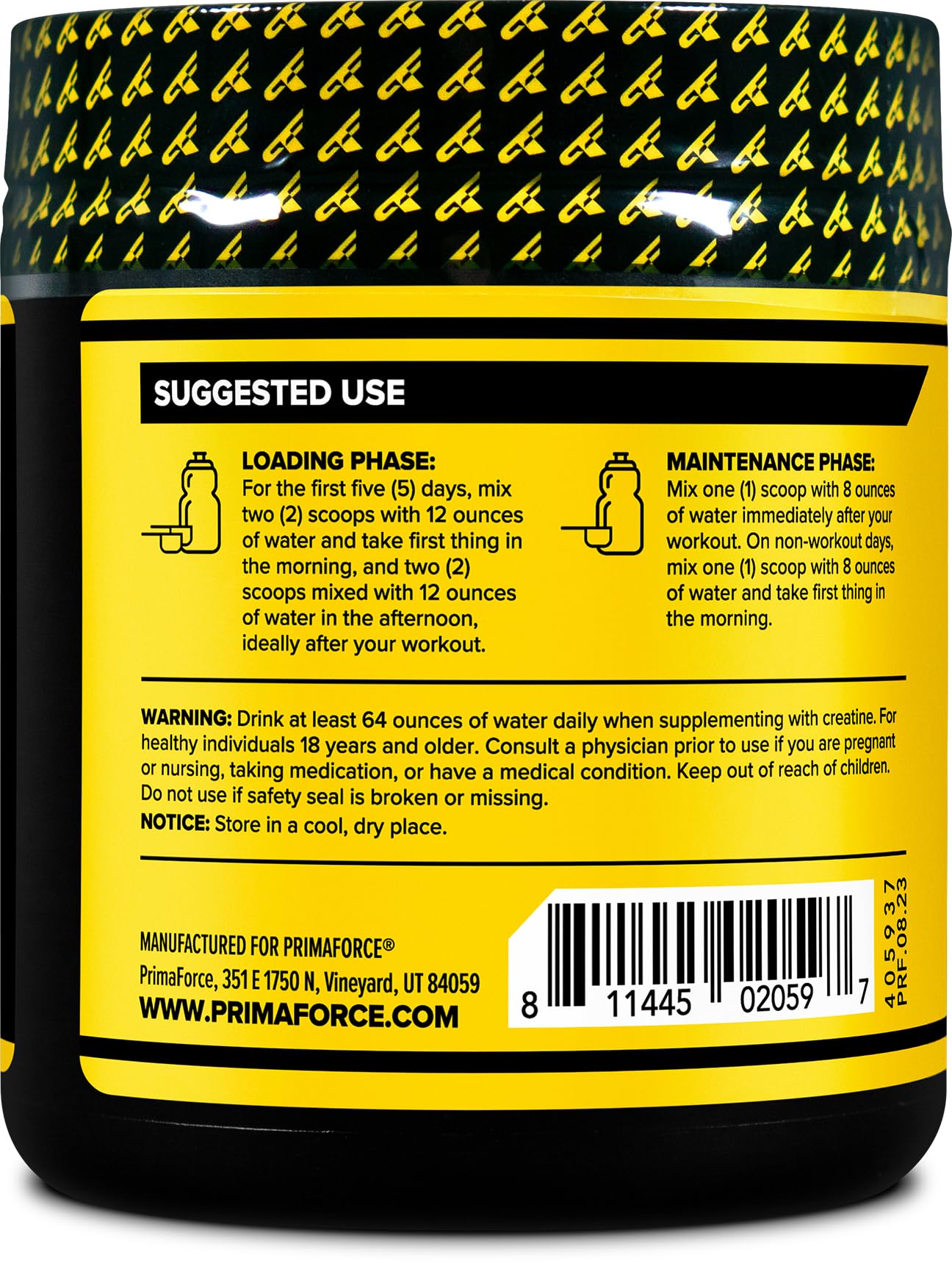 Primaforce Creatine-X, medidor-cucharada, facilita dosis de 5 g para apoyar entrenamiento.