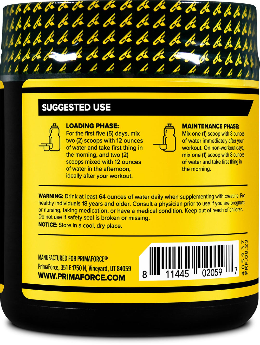 Primaforce Creatine-X, medidor-cucharada, facilita dosis de 5 g para apoyar entrenamiento.