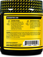 Primaforce Creatine-X, medidor-cucharada, facilita dosis de 5 g para apoyar entrenamiento.