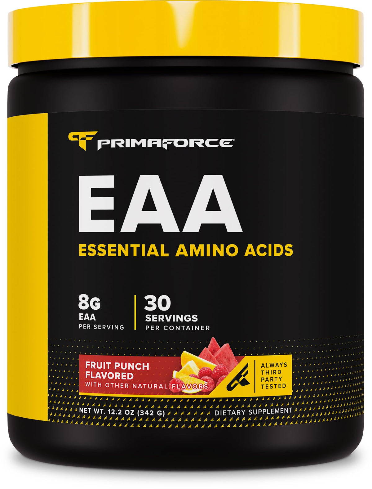 PrimaForce envase frontal Fruit Punch mostrando marca y diseño para identificar producto