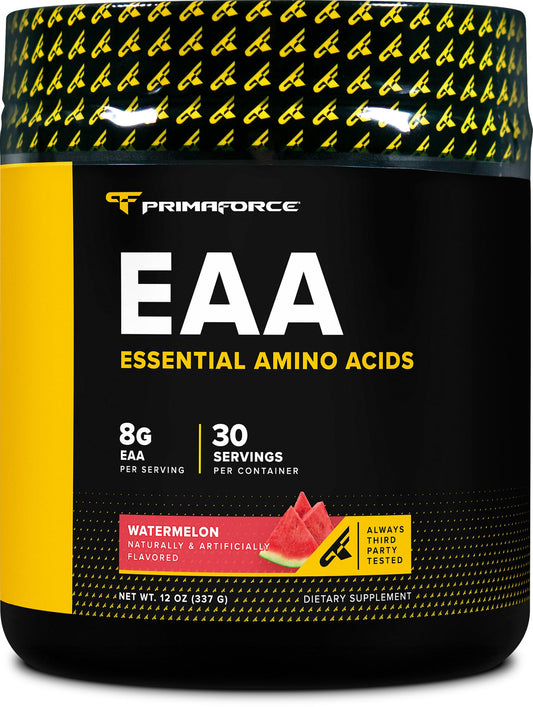 Primaforce envase frontal EAA sandía mostrando diseño y porciones