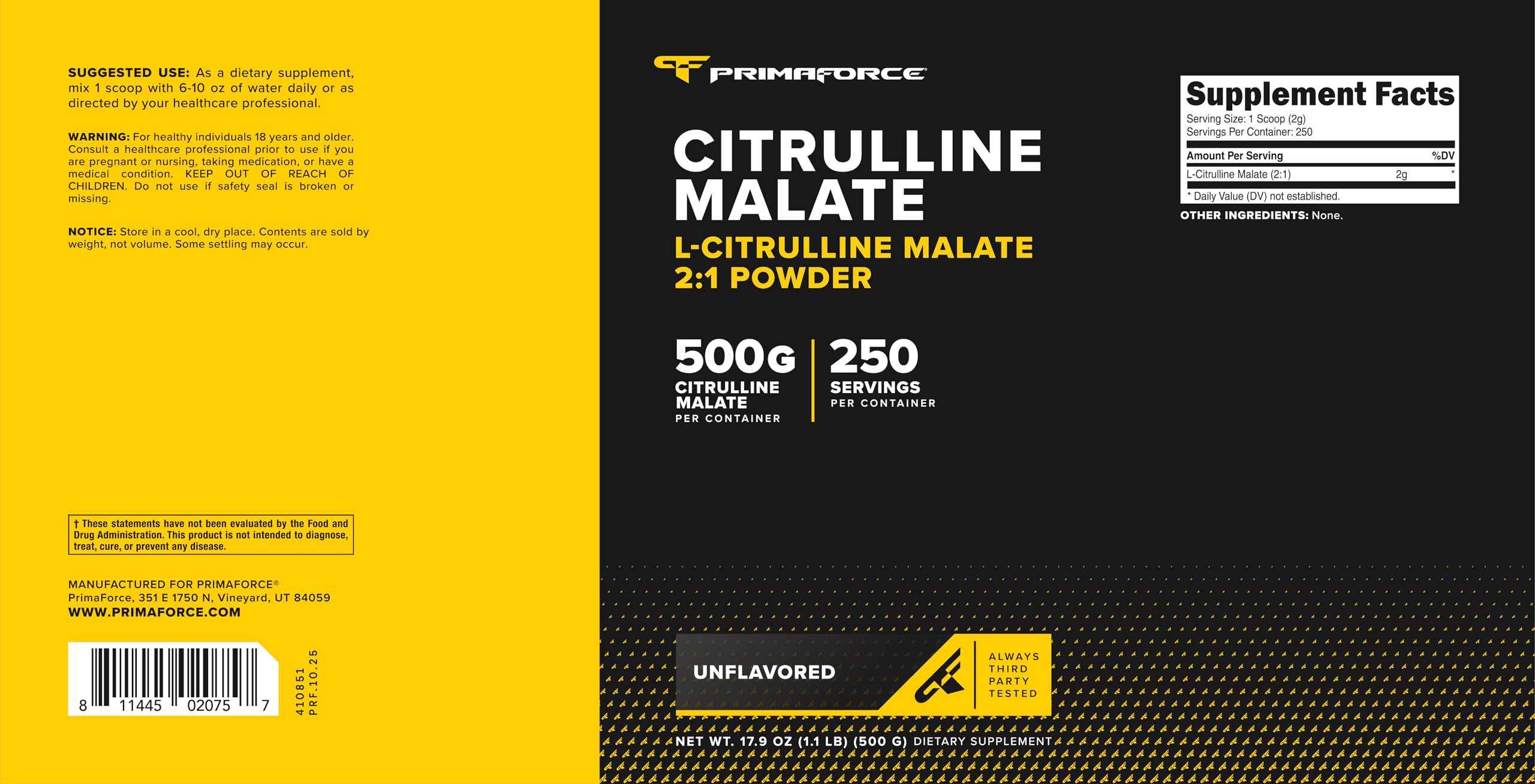 PrimaForce etiqueta con información nutricional y pruebas de laboratorio visibles