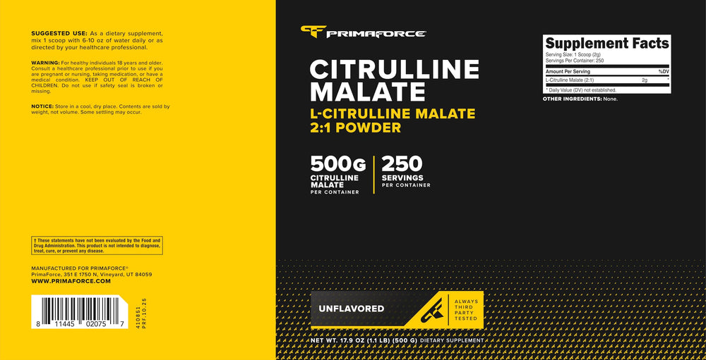 PrimaForce etiqueta con información nutricional y pruebas de laboratorio visibles