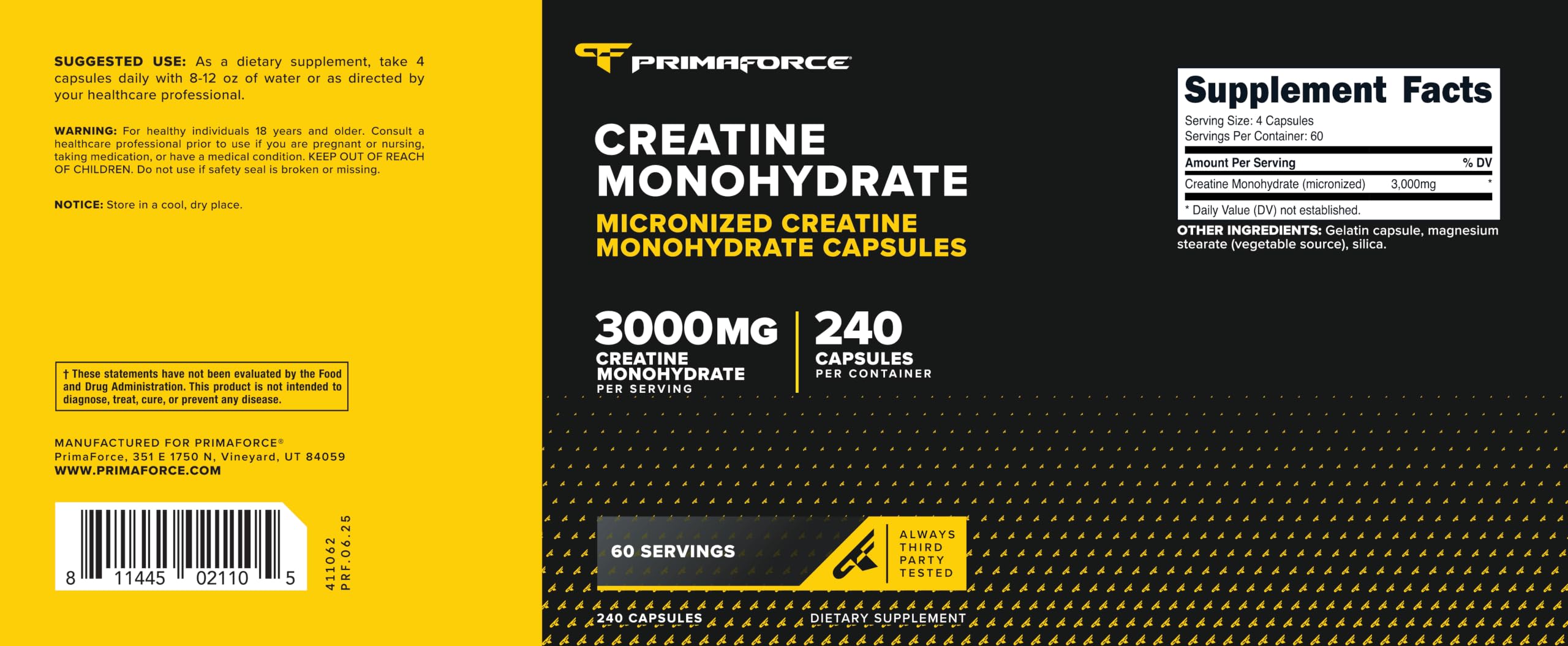 Primaforce etiqueta con información de dosis y certificación de calidad