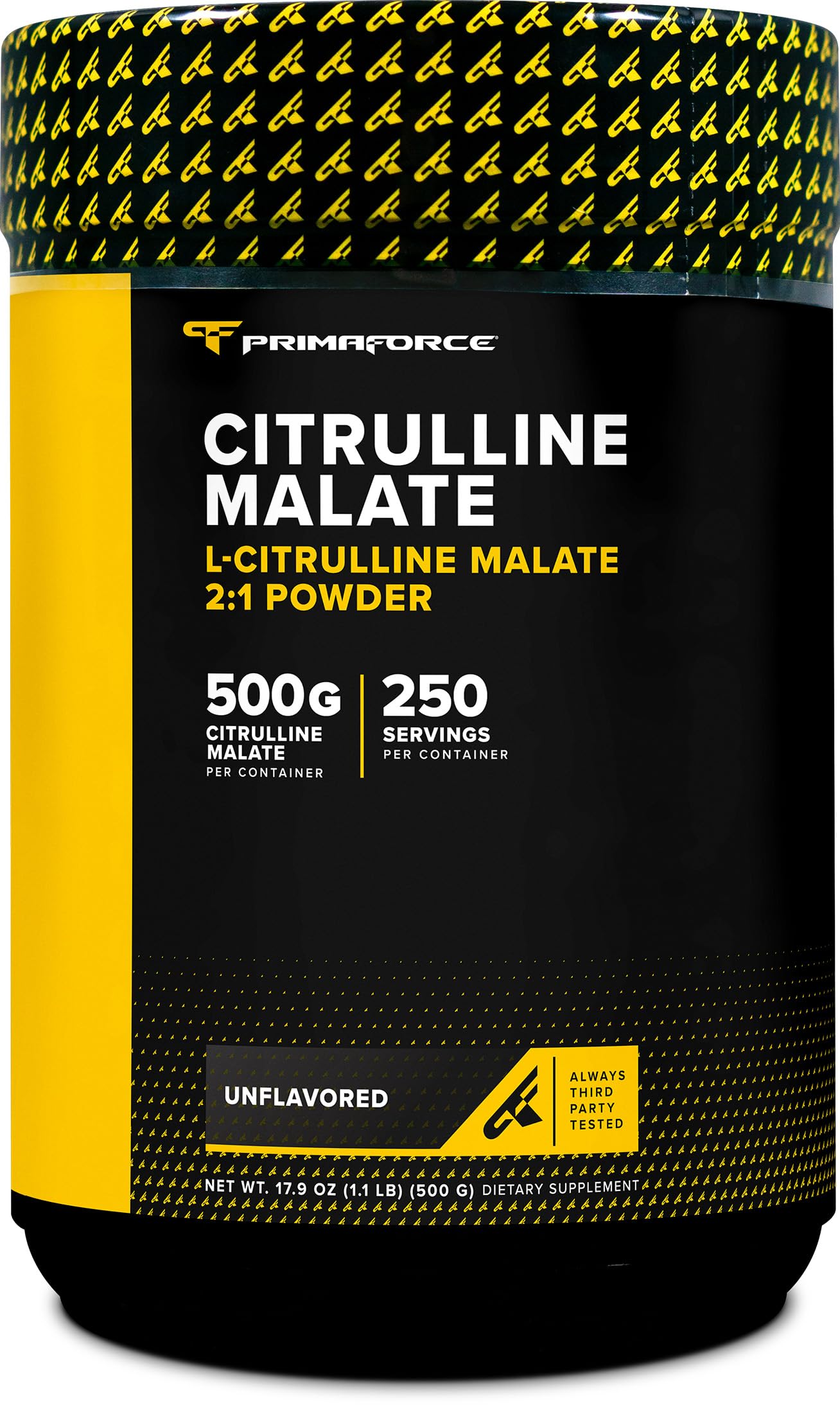 PrimaForce frente del envase mostrando 500 g y etiqueta clara, confianza en pureza
