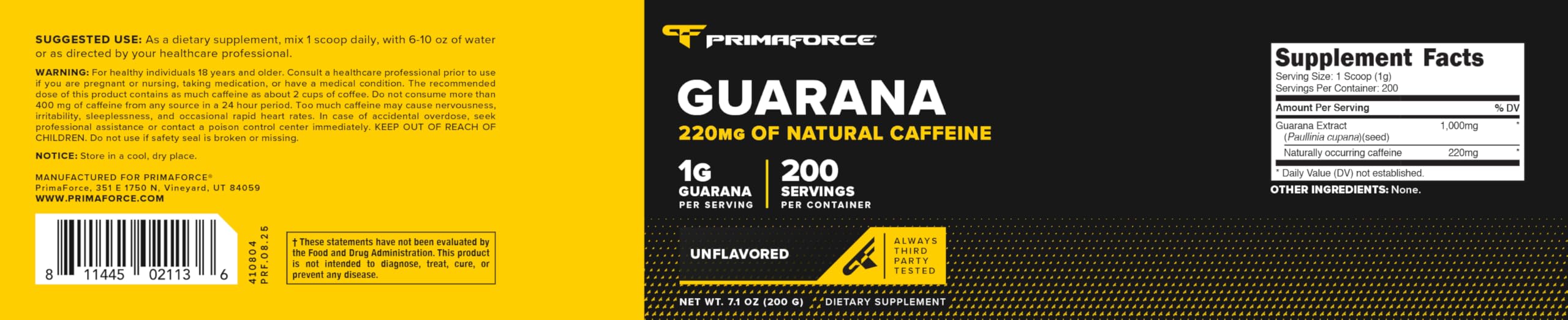 Primaforce guaraná etiqueta con información de 1 g por porción y certificaciones