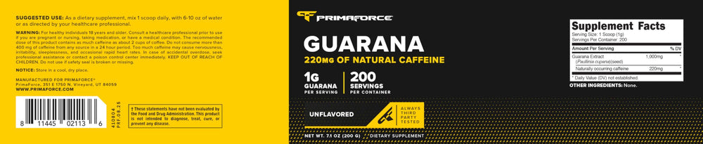 Primaforce guaraná etiqueta con información de 1 g por porción y certificaciones