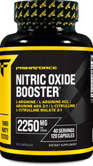 Primaforce Nitric Oxide Booster bottle highlighting its pre-workout support blend.