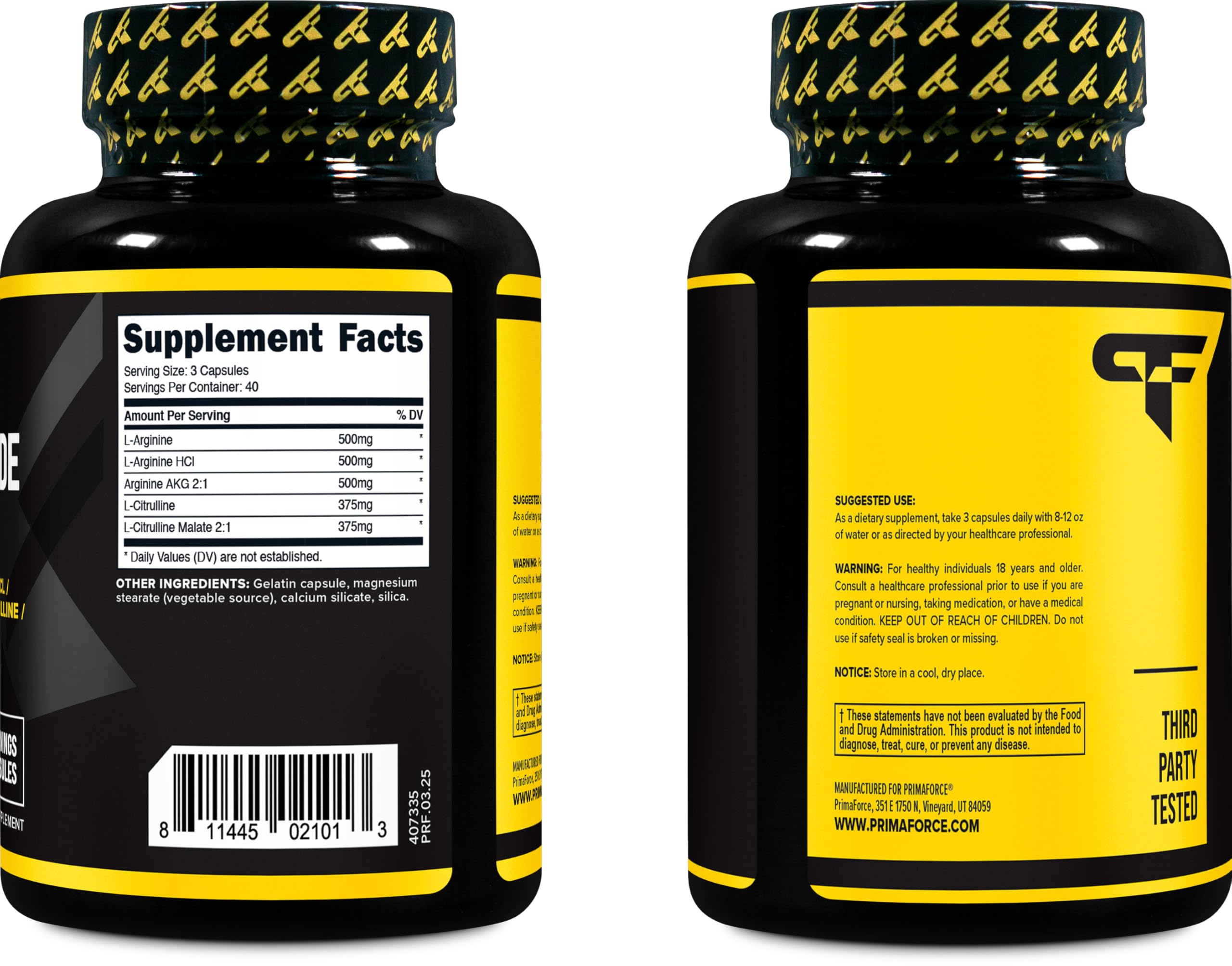 Primaforce Nitric Oxide Booster bottle demonstrates ISO testing and GMP compliance.