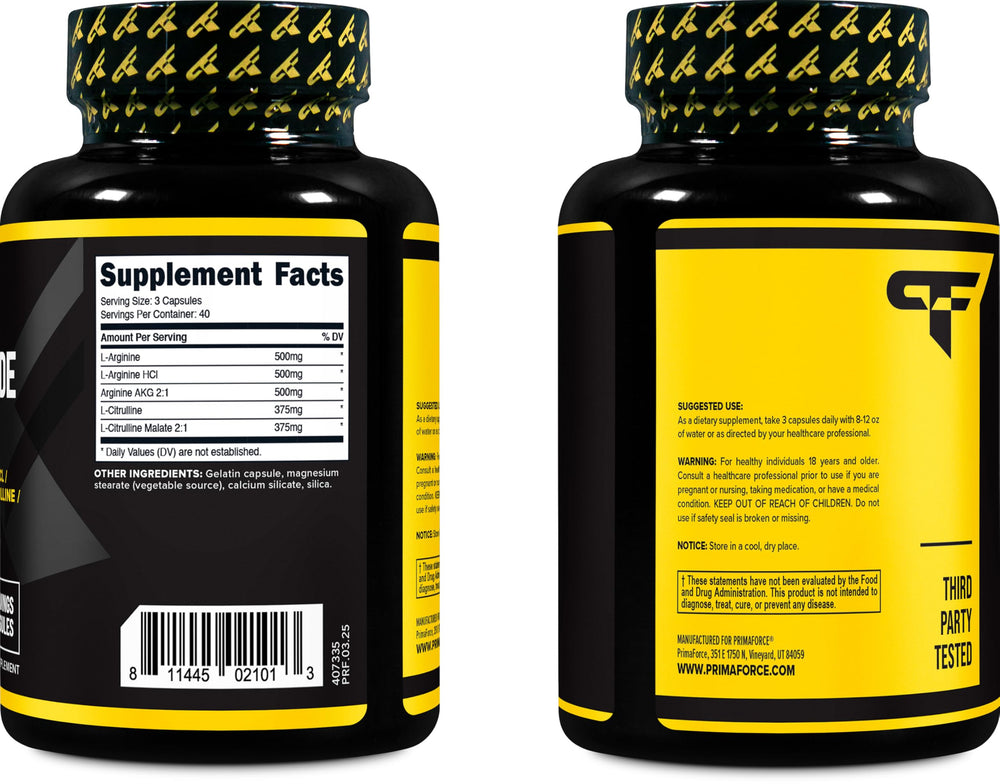 Primaforce Nitric Oxide Booster bottle demonstrates ISO testing and GMP compliance.