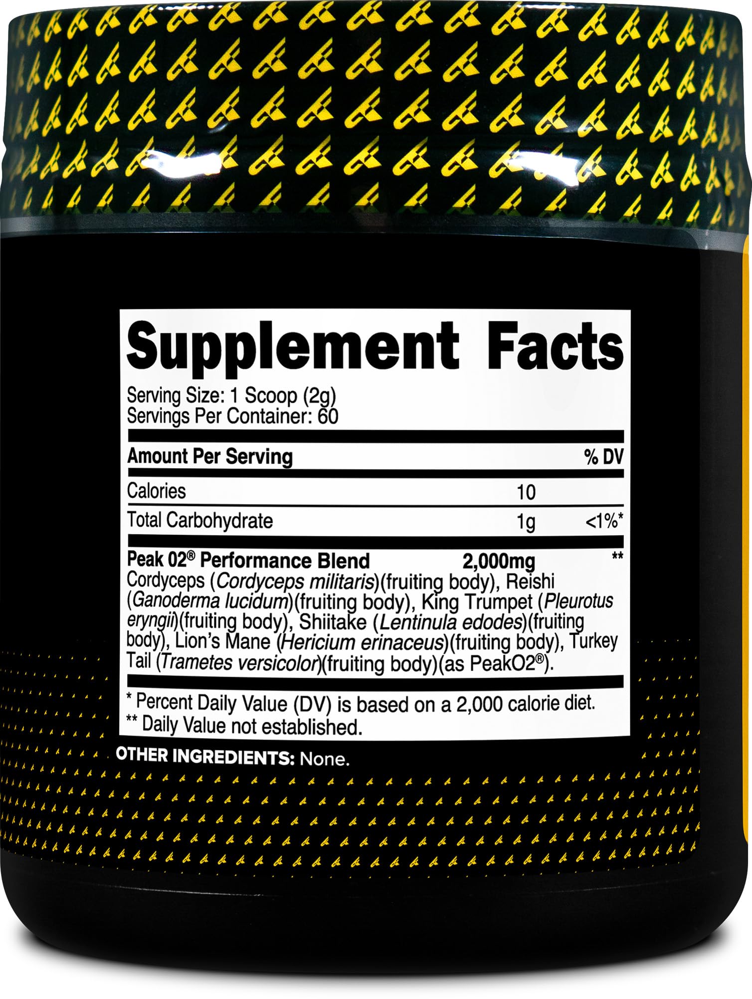 Etiqueta de Primaforce Peak O2 con lista de ingredientes y certificación USDA Organic visible