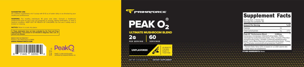 Envase de Primaforce Peak O2 junto a una cucharilla para comparar tamaño y porciones