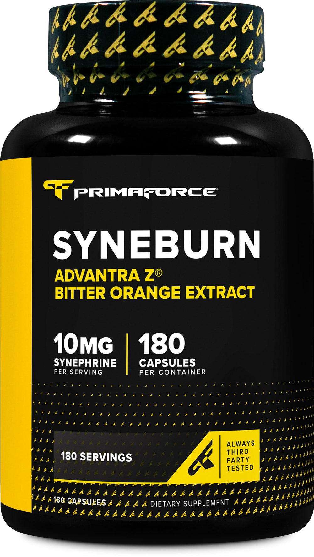 Primaforce Syneburn frasco frontal mostrando etiqueta y cantidad de cápsulas beneficio confianza