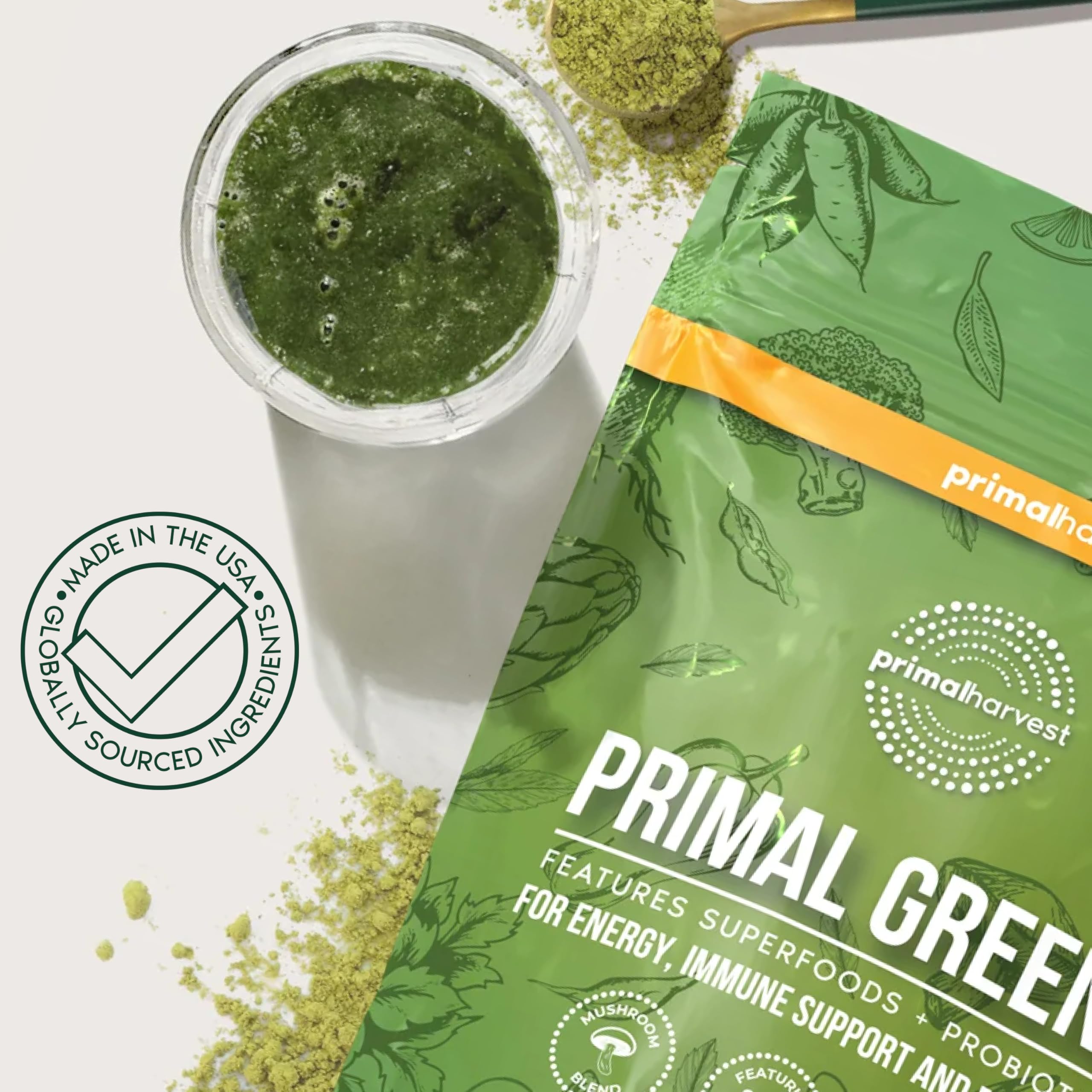 Primal Harvest ambientación en cocina con vaso, integra suplemento en rutina