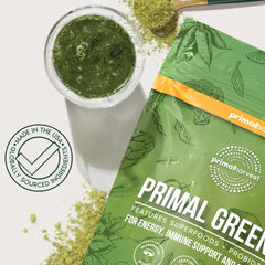 Primal Harvest ambientación en cocina con vaso, integra suplemento en rutina
