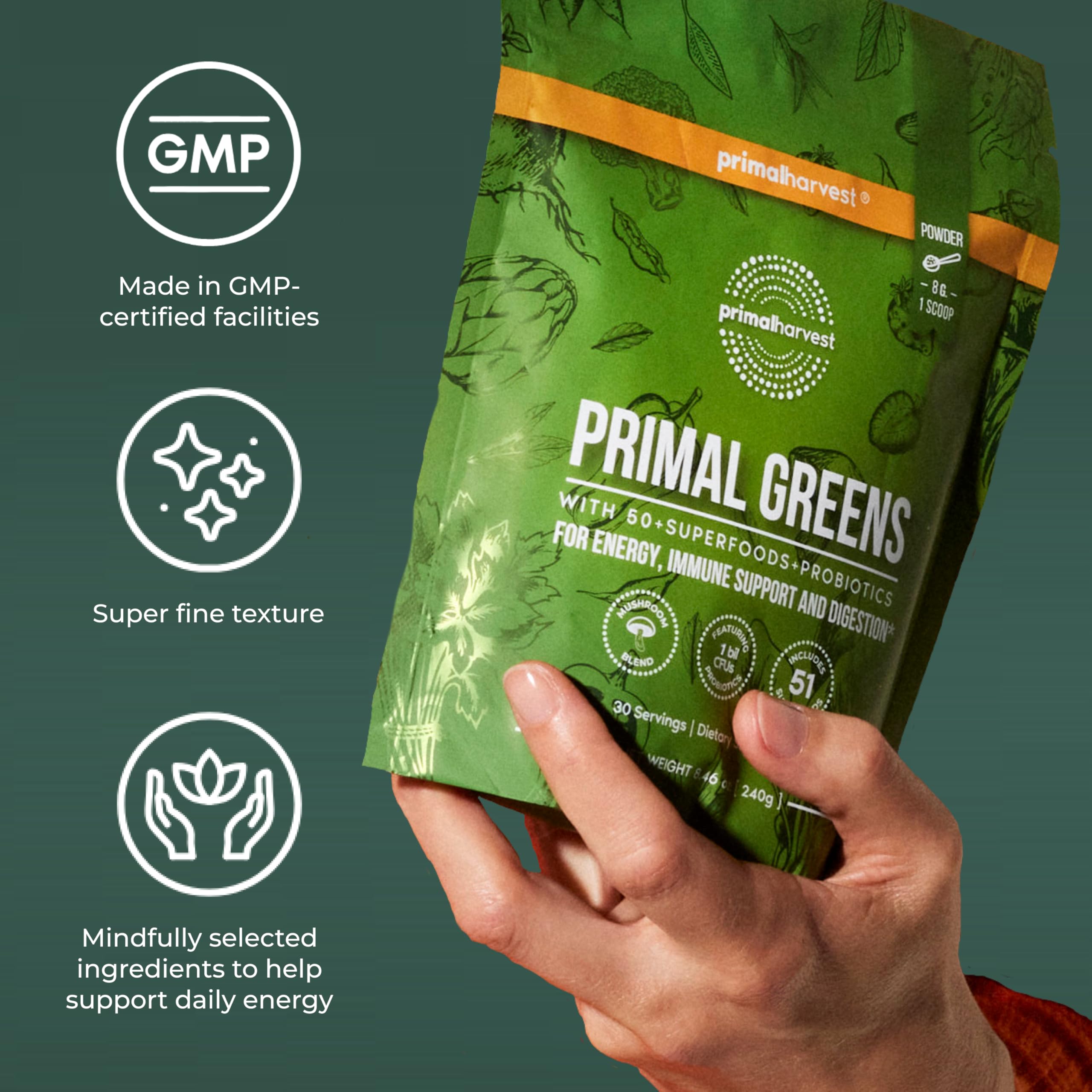 Primal Harvest comparación de tamaño junto a una cuchara, indica porciones