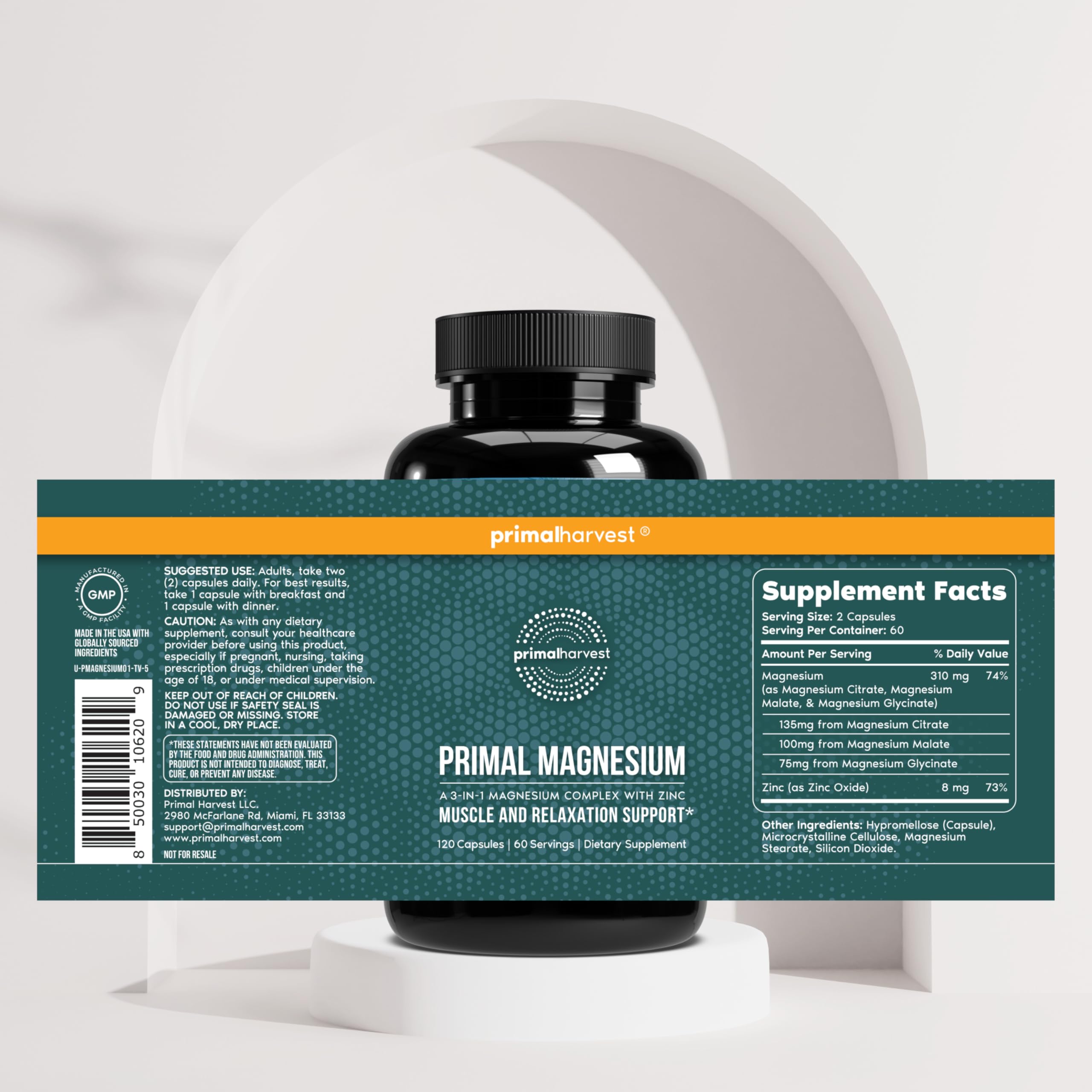Primal Harvest etiqueta con listado de magnesio y zinc, beneficio transparencia de ingredientes