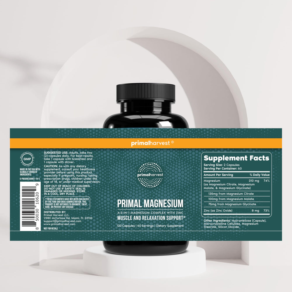 Primal Harvest etiqueta con listado de magnesio y zinc, beneficio transparencia de ingredientes
