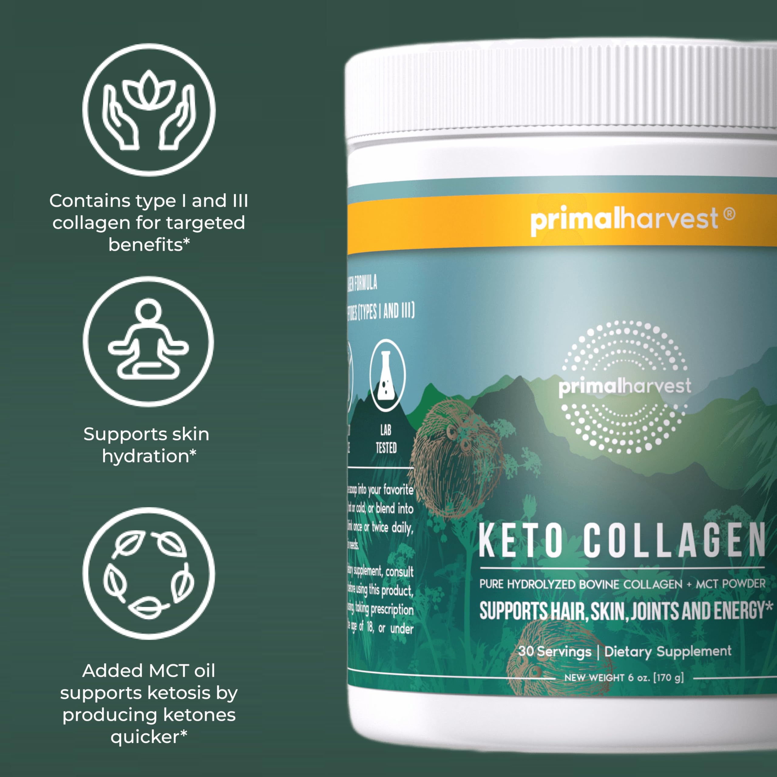 Primal Harvest etiqueta con lista de ingredientes y certificaciones visibles
