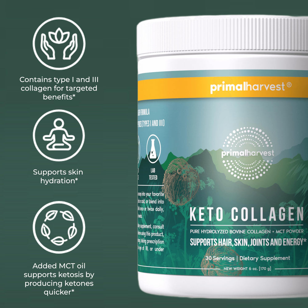 Primal Harvest etiqueta con lista de ingredientes y certificaciones visibles