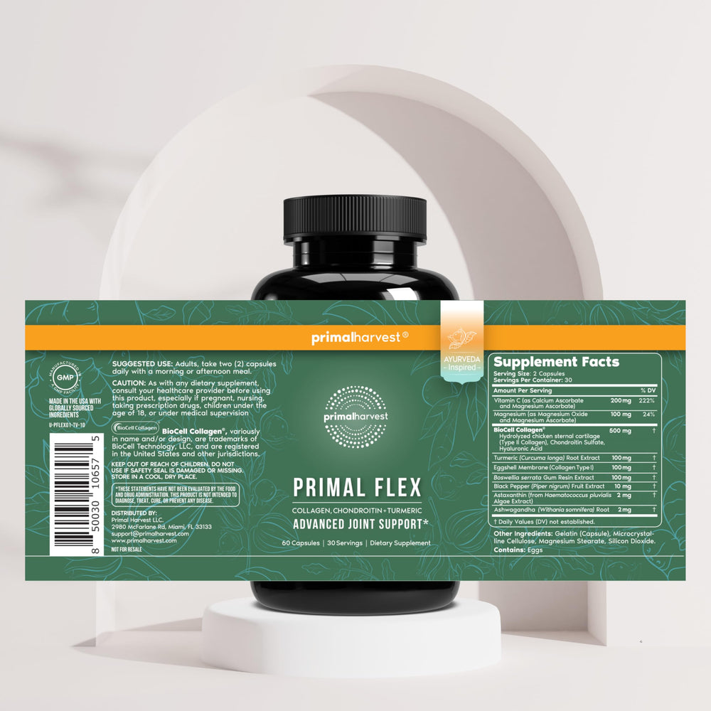 Primal Harvest Flex etiqueta con lista de ingredientes destacada