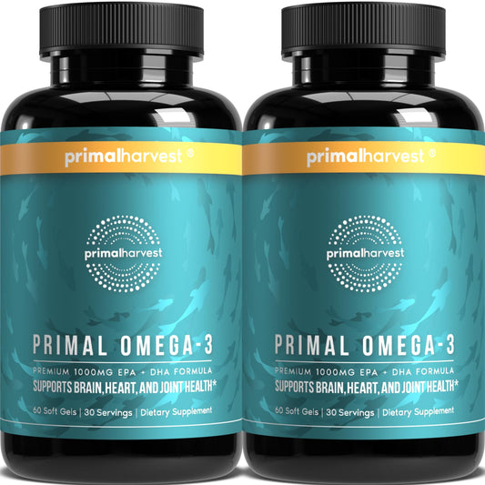 Primal Harvest vista frontal del frasco que muestra envase y beneficios claros