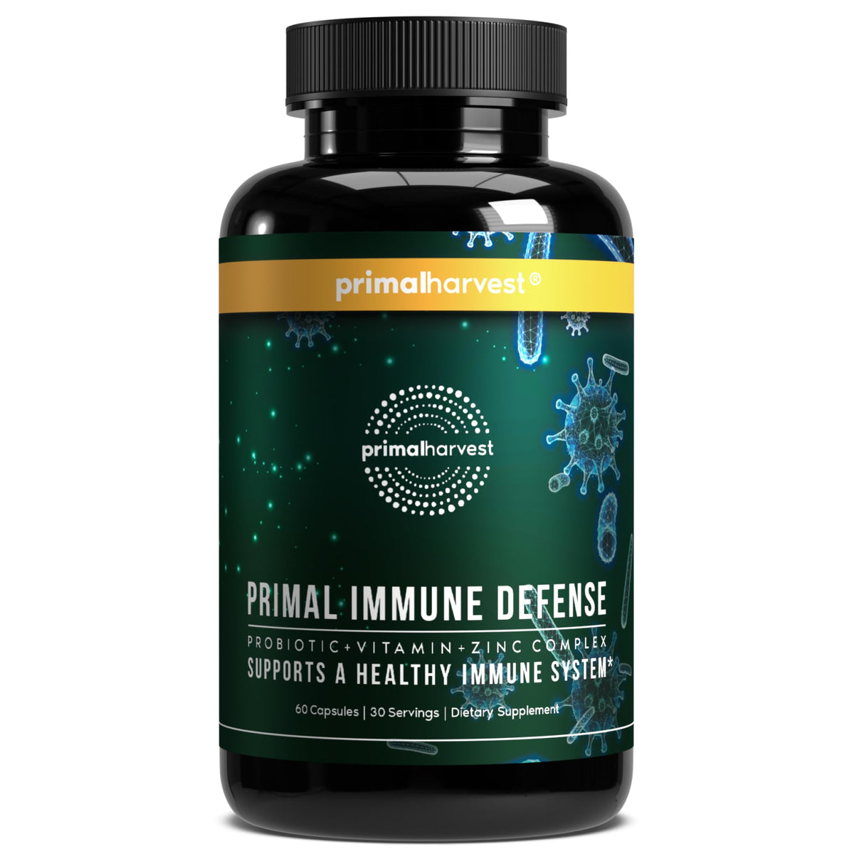 Primal Harvest frasco frontal mostrando la etiqueta y beneficio diario