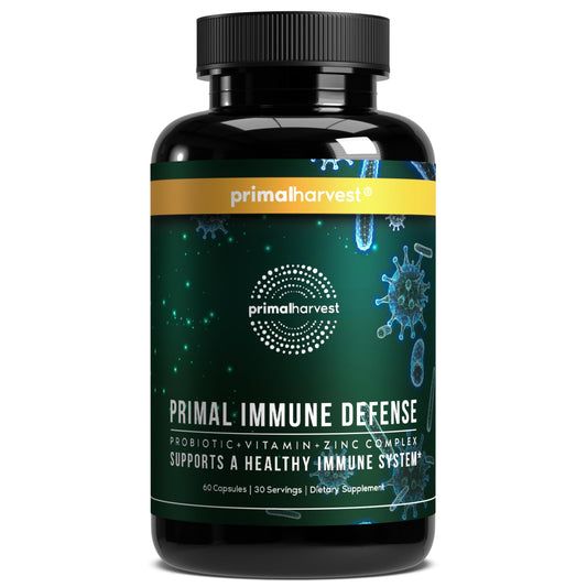 Primal Harvest frasco frontal mostrando la etiqueta y beneficio diario