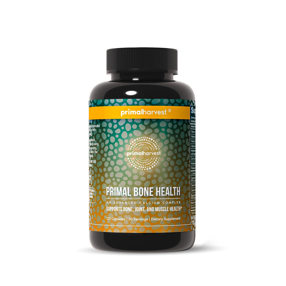 Primal Harvest frasco frontal del suplemento Primal Bone Health mostrando etiqueta clara