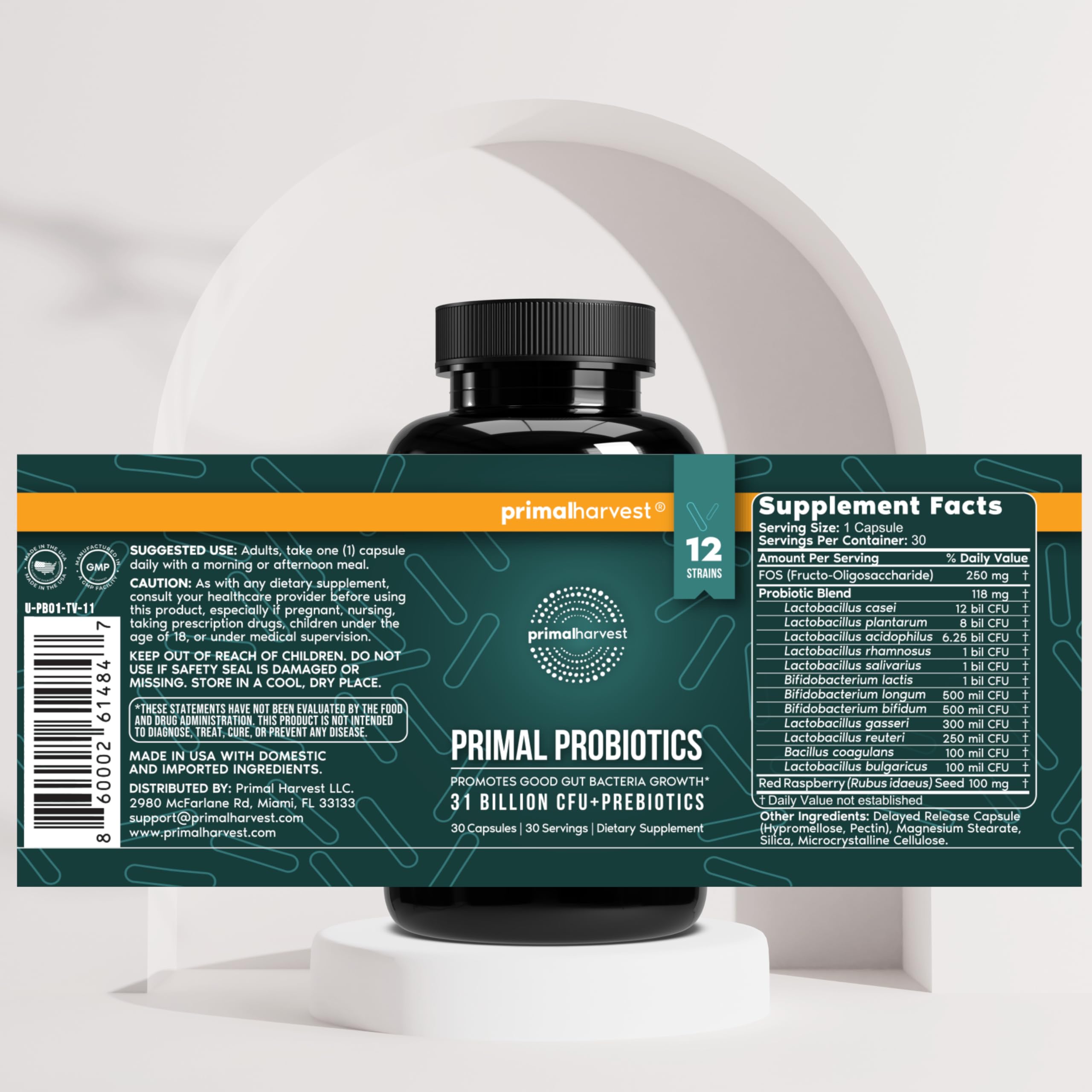 Etiqueta de Primal Harvest Probiotic con lista de cepas y ausencia de alérgenos