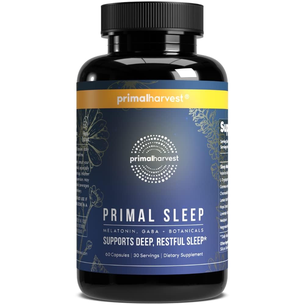 Primal Harvest Sleep frasco delantero mostrando diseño y marca beneficios claros