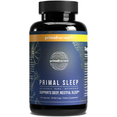 Primal Harvest Sleep frasco delantero mostrando diseño y marca beneficios claros