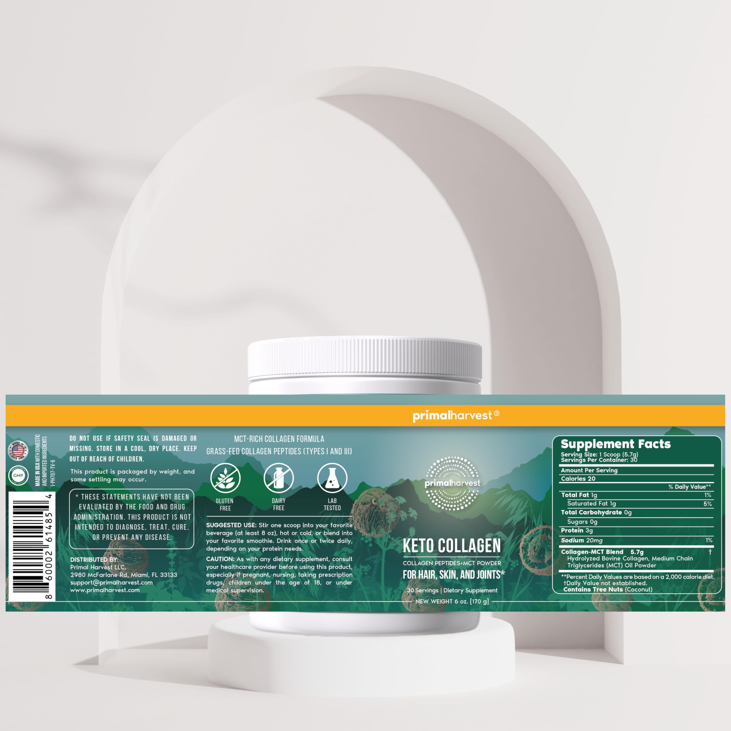 Primal Harvest envase junto a una regla para comparar tamaño y 30 servicios