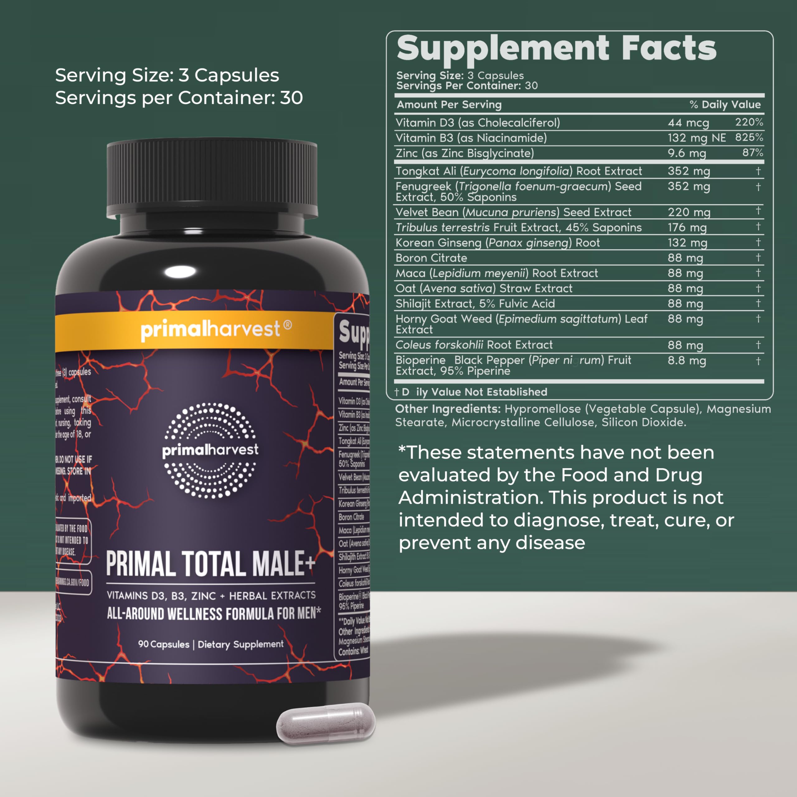 Primal Harvest etiqueta con lista de ingredientes y beneficios visibles