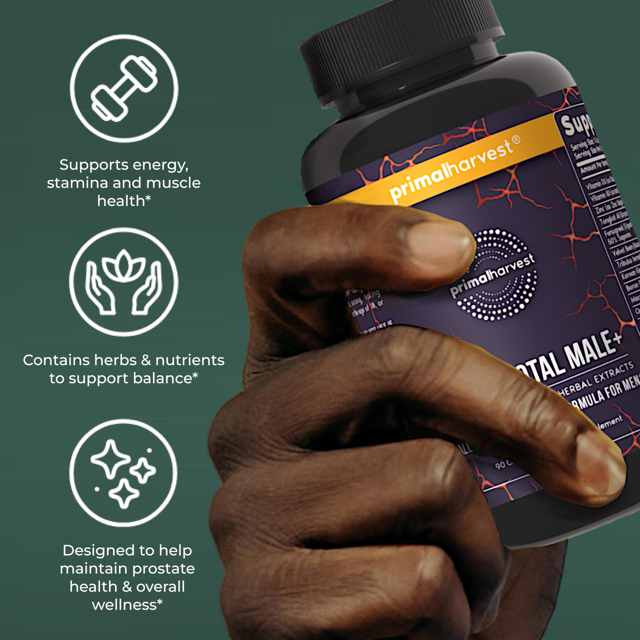 Primal Harvest ingredientes herbales (maca, fenogreco) en detalle natural