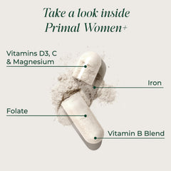 Primal Harvest Women+ etiqueta legible, resalta ingredientes esenciales