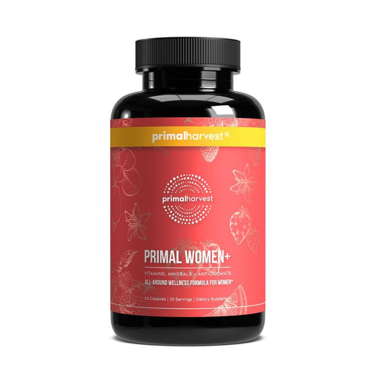 Primal Harvest Women+ vista frontal del envase, transmite confianza