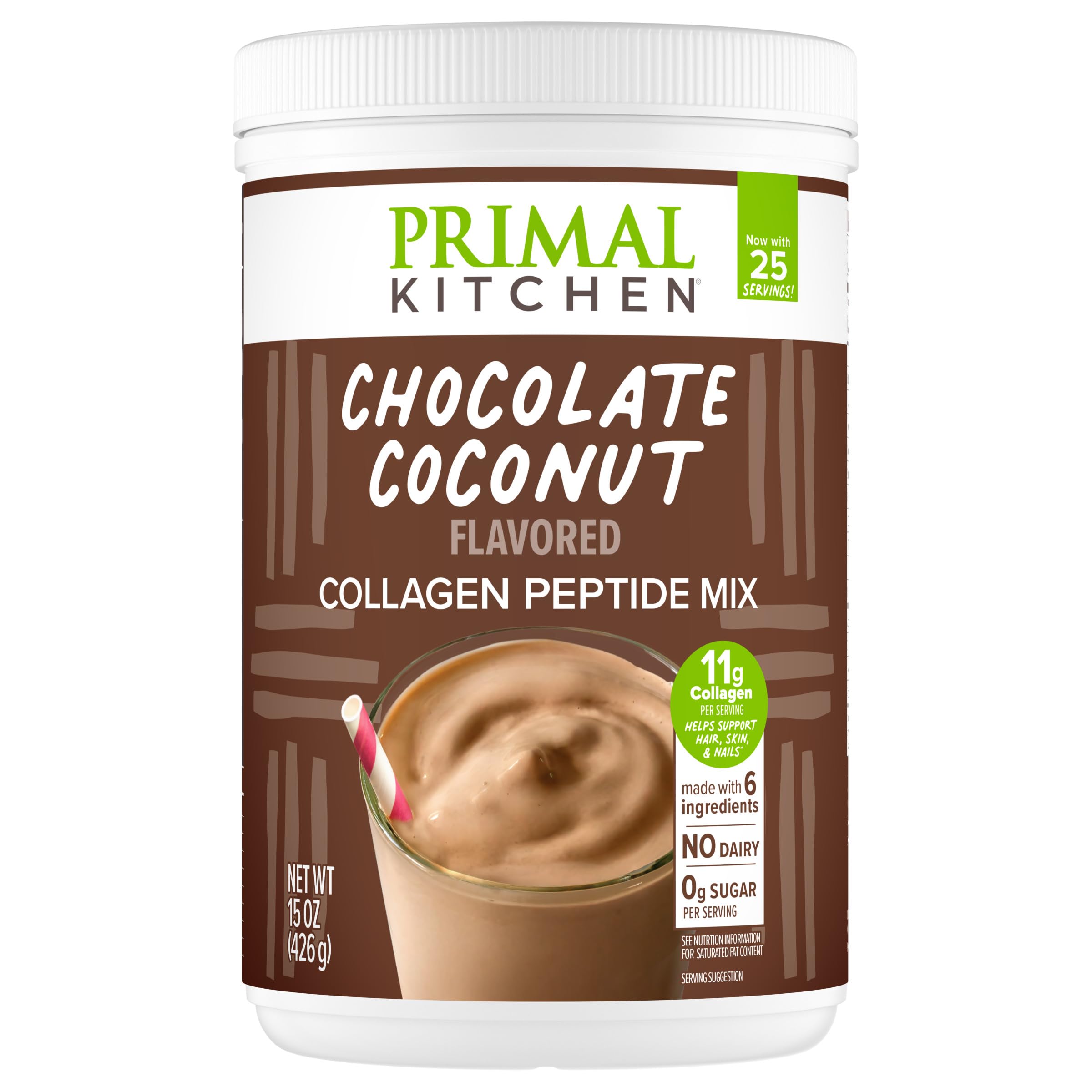 Primal Kitchen bote frontal mostrando colágeno chocolate coco y ventaja sin lácteos