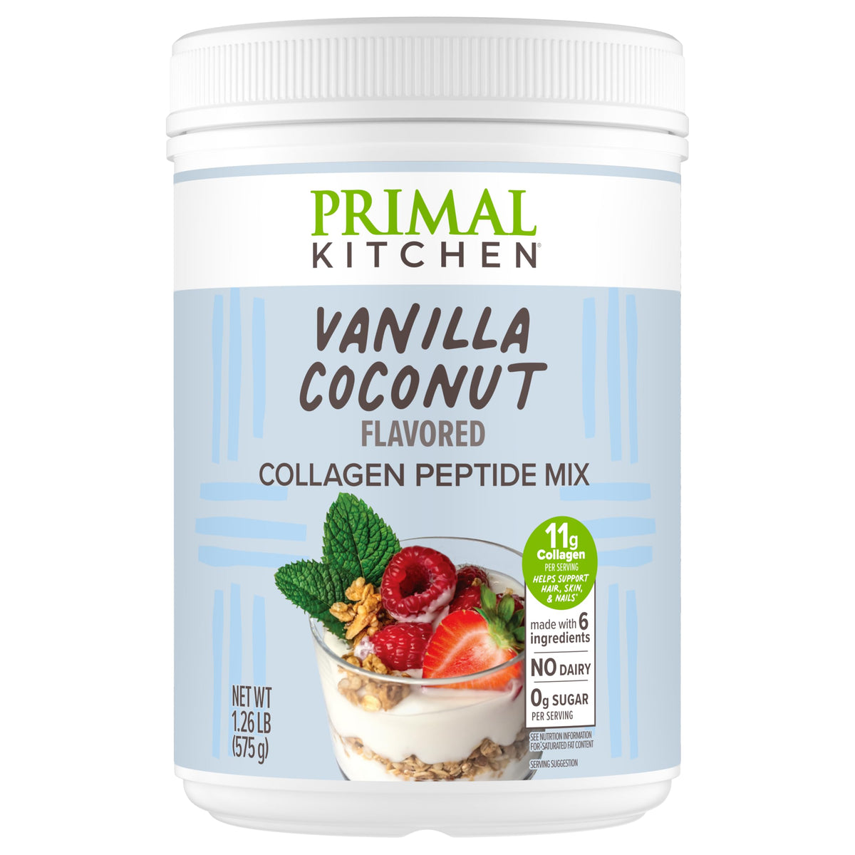 Primal Kitchen envase frontal mostrando diseño y sabor vainilla coco