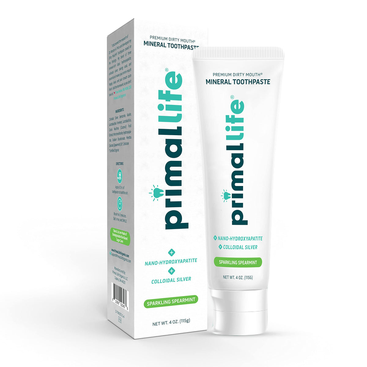 Primal Life Organics frente del tubo mostrando diseño y beneficio remineralizante