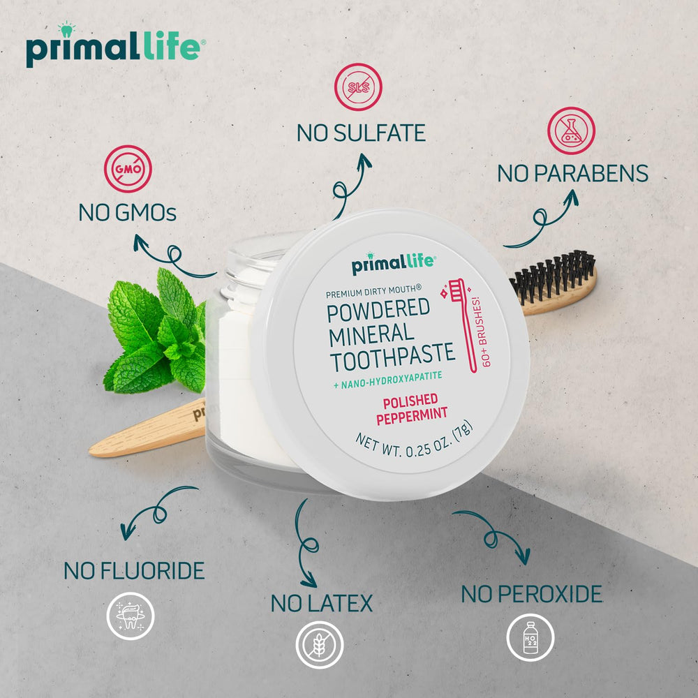 Primal Life Organics ingredientes en mesa: bentonita, caolín, arcilla verde y bicarbonato
