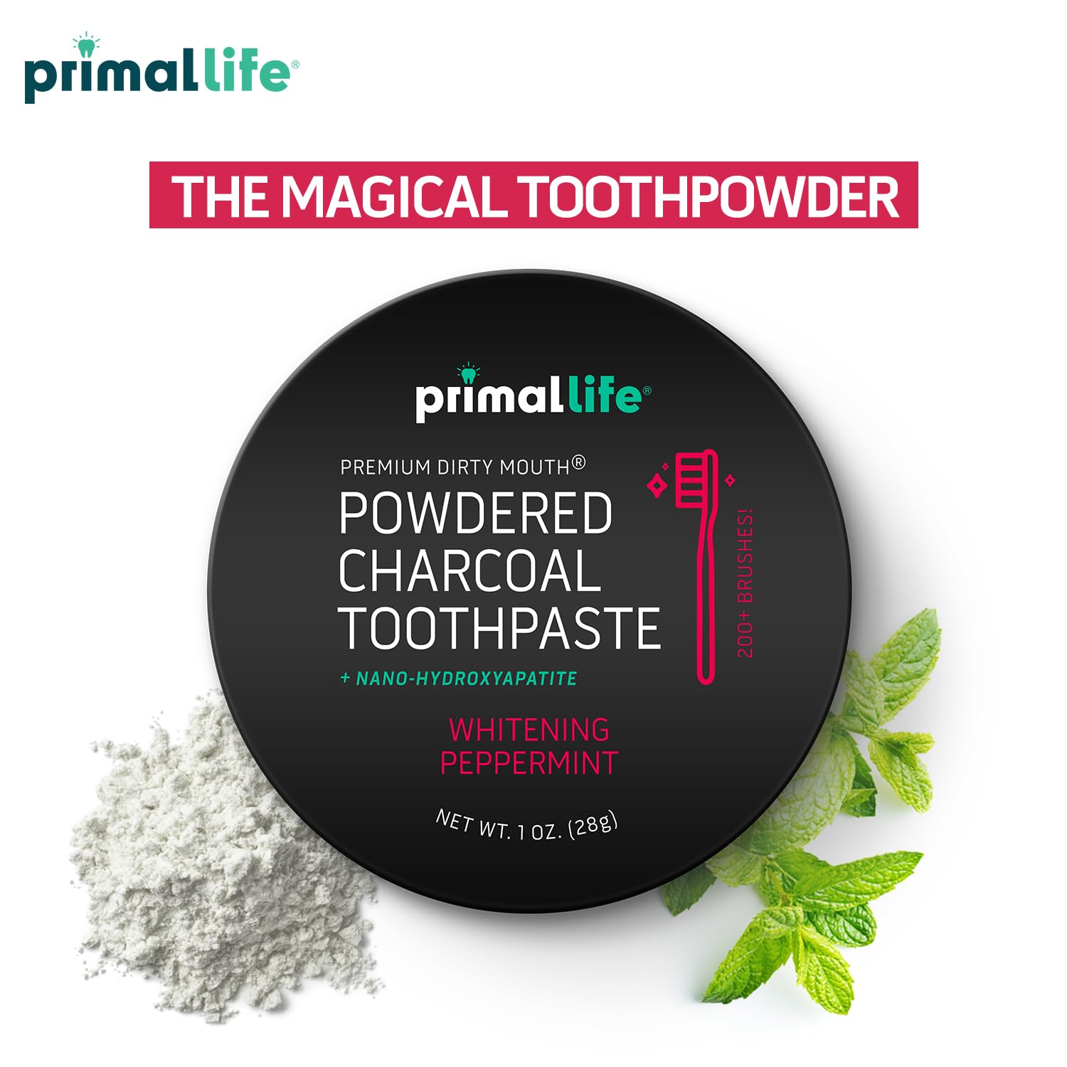 Comparación de tamaño del frasco Primal Life Organics en la mano, viaje práctico