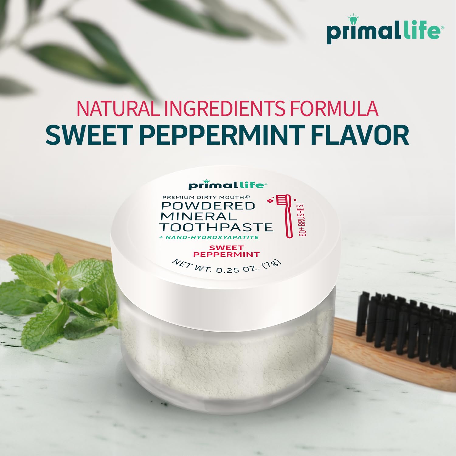 Primal Life Organics envase junto a una moneda para comparar tamaño