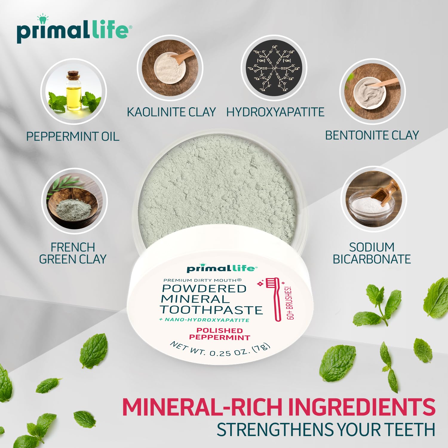 Primal Life Organics vista de tapa abierta con polvo visible lista para uso portátil